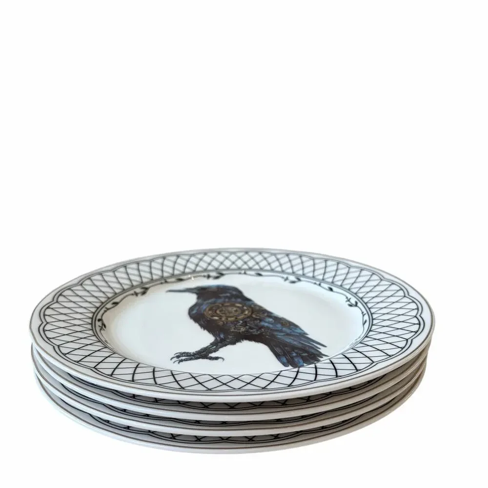 Grace Teaware RAVEN TRELLIS Ceramic Halloween Plates 8in Ceramic Set of 4 NEW